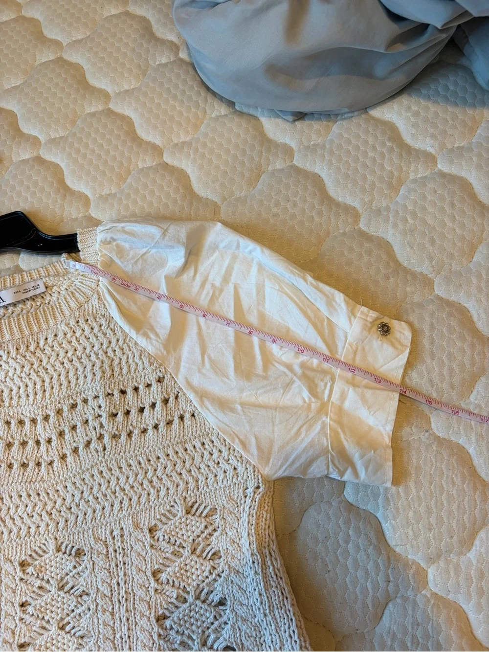 ZARA Cream Crochet Knit Bodice Puff-Sleeve Top